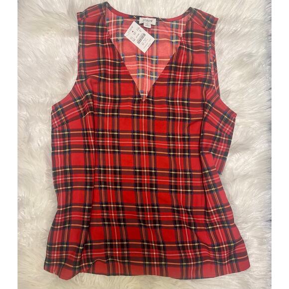 JCrew Tartan Sleeveless Blouse VNeck Holiday Christmas Red Black Plaid Medium - Picture 3 of 8